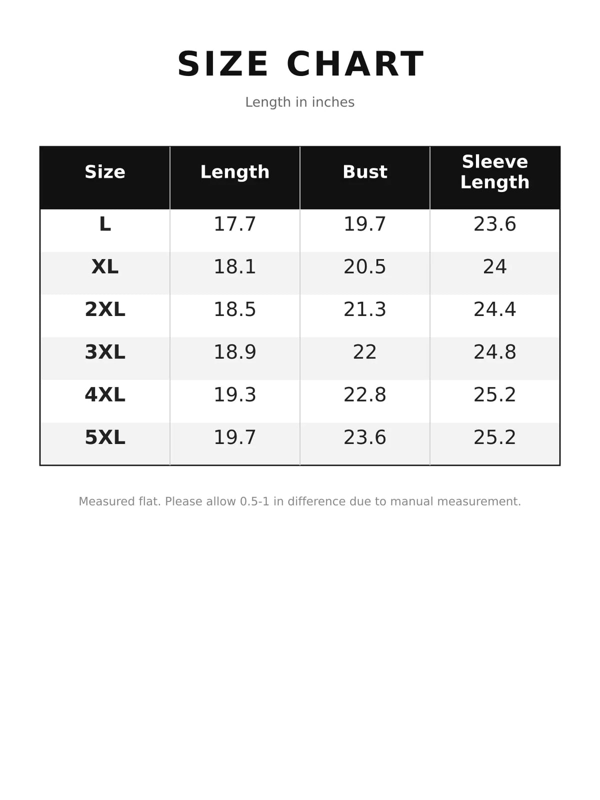 Collared long sleeve jacket, size and measurement chart