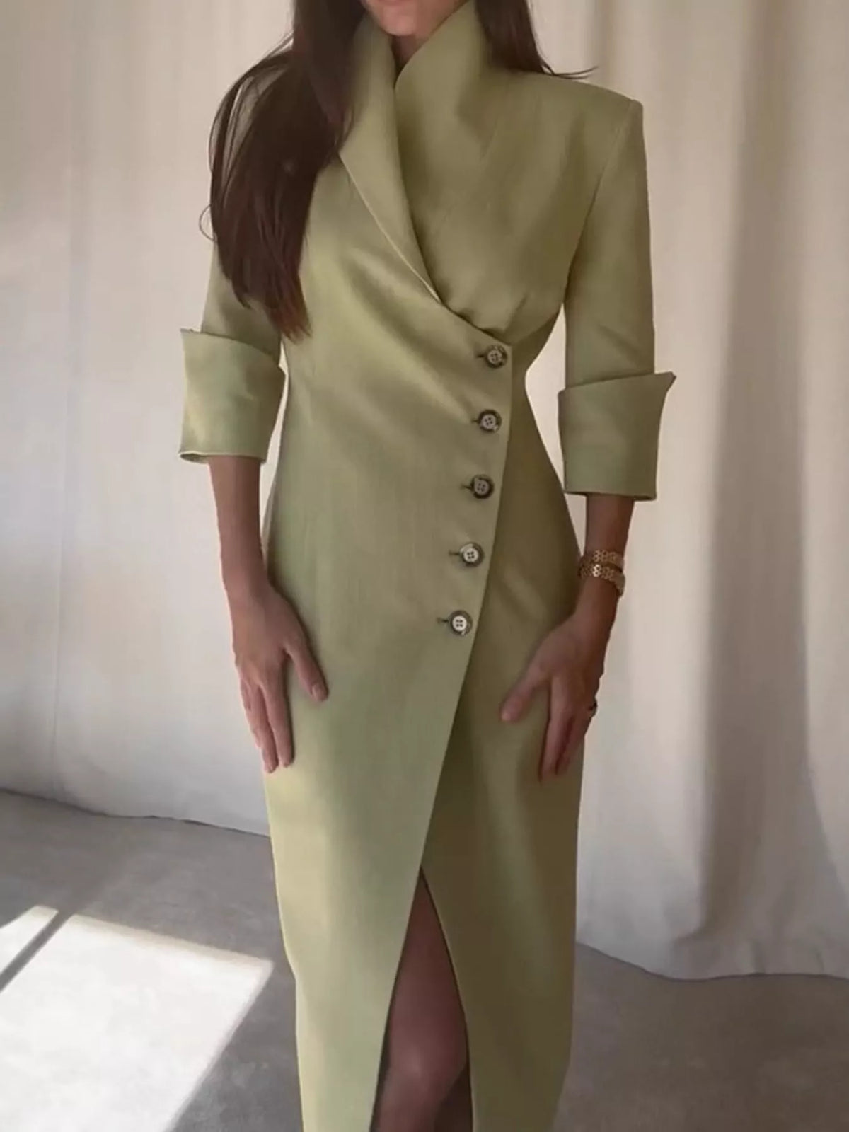 Asymmetric Button-Down Midi Coat in light green