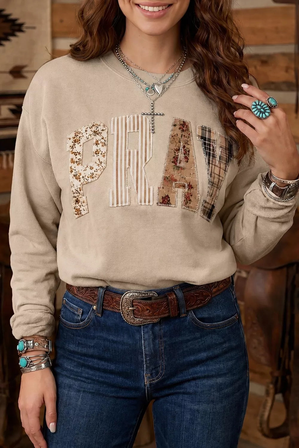 Women's floral buffalo plaid striped embroidered patch western sweatshirt