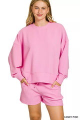 Trendsi Zenana Ribbed Round Neck Pullover and Shorts Set -