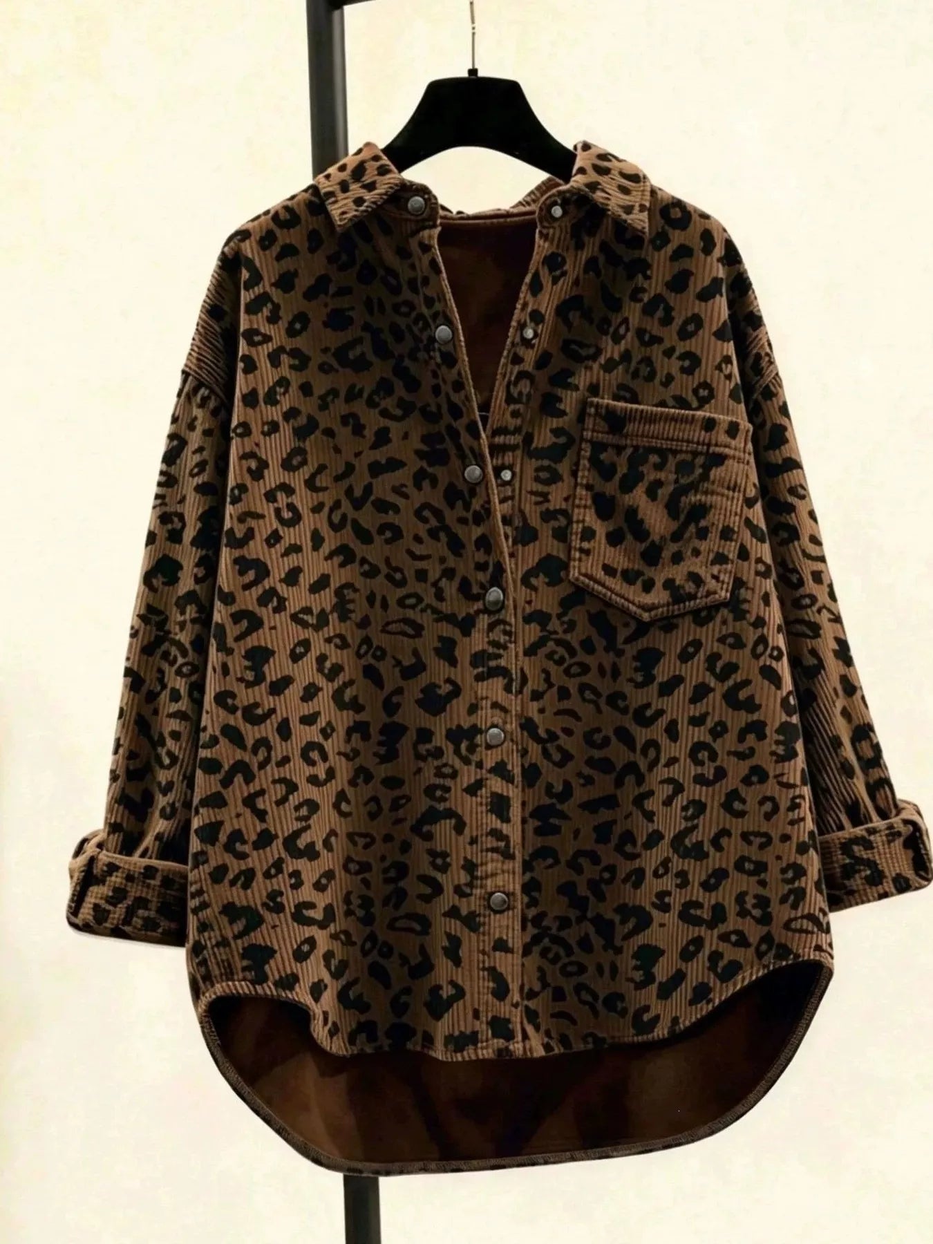 Trendsi Oversized Leopard Corduroy Button-Down Shirt -