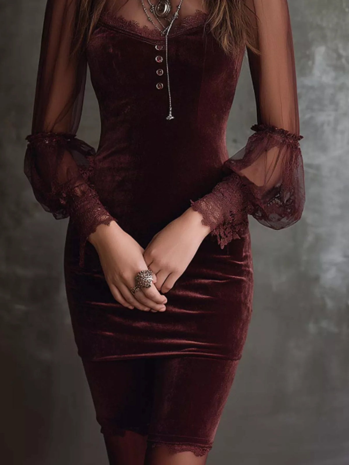 Trendsi Full Size Velvet Sheer Long Sleeve Bodycon Dress Plus Size -
