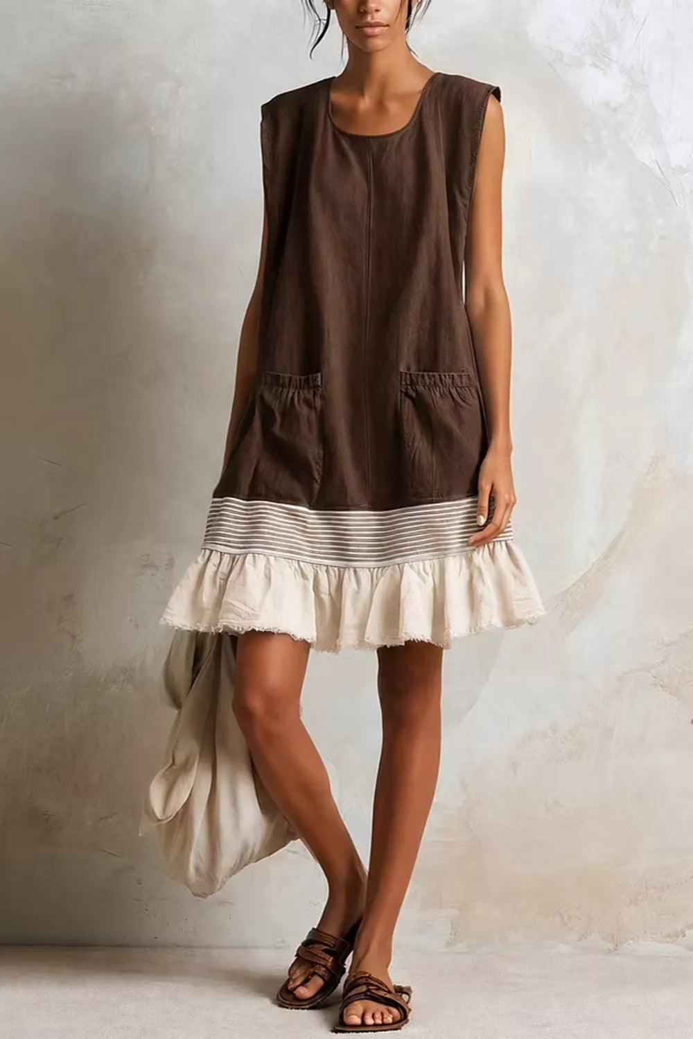 Brown and cream ruffled-hem sleeveless dress, front view
