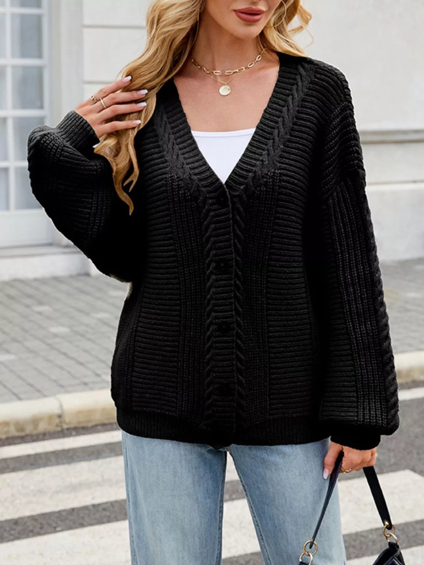 Trendsi Cable Knit Button-Up Cardigan -