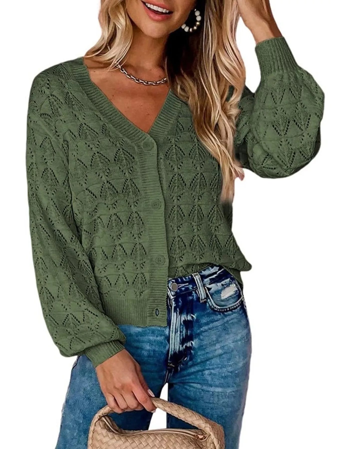 Trendsi Chic V-Neck Openwork Button-Down Knit Cardigan -