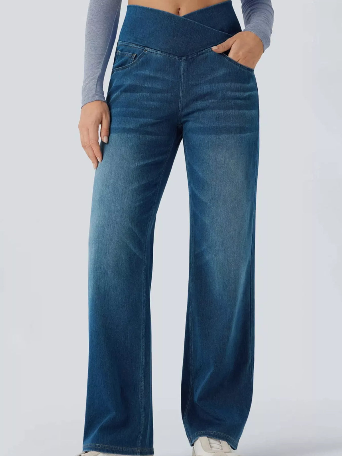 High-Waisted Crossover Straight-Leg Jeans, front view