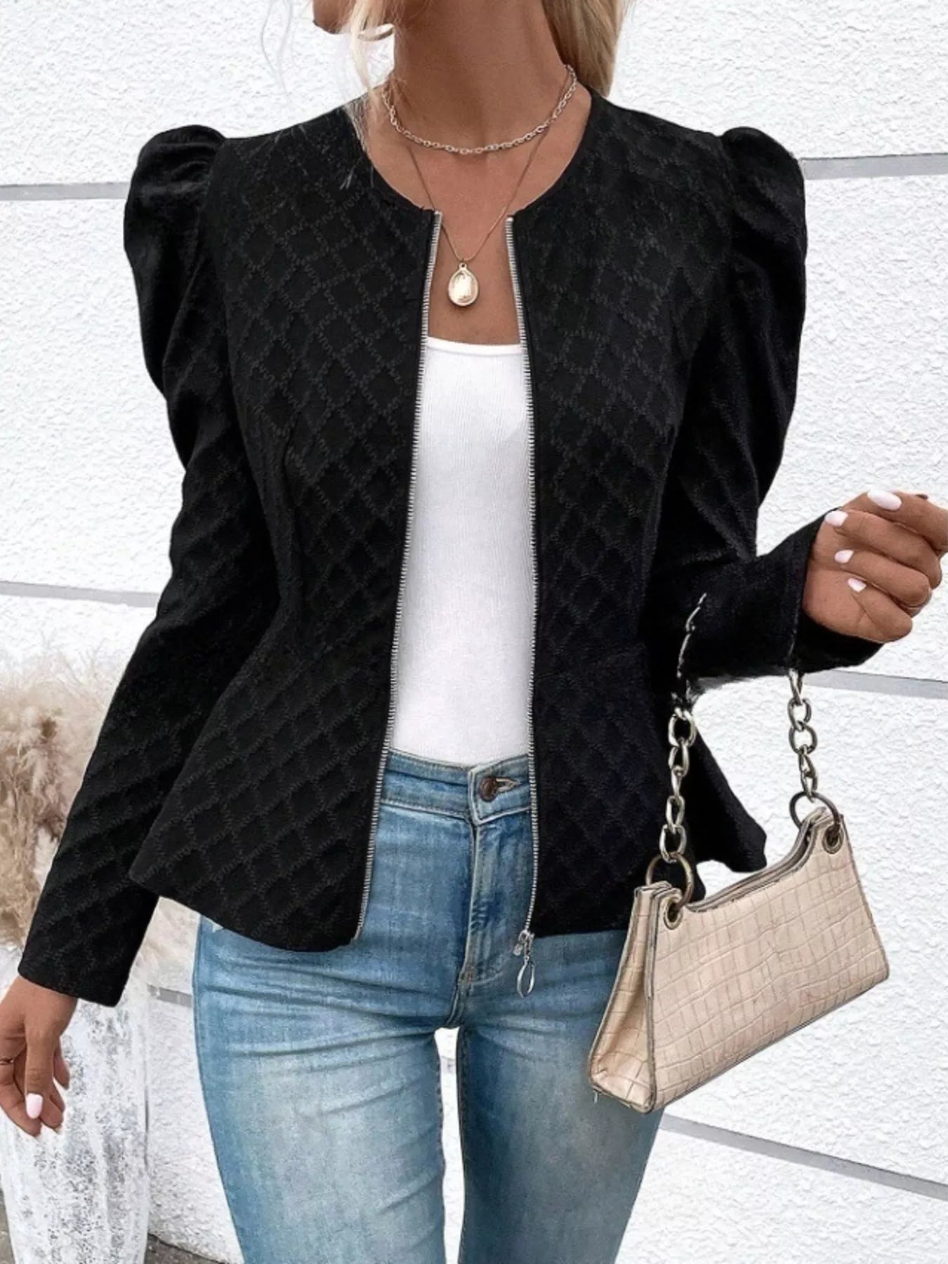 Trendsi Puff Sleeve Textured Jacquard Jacket -