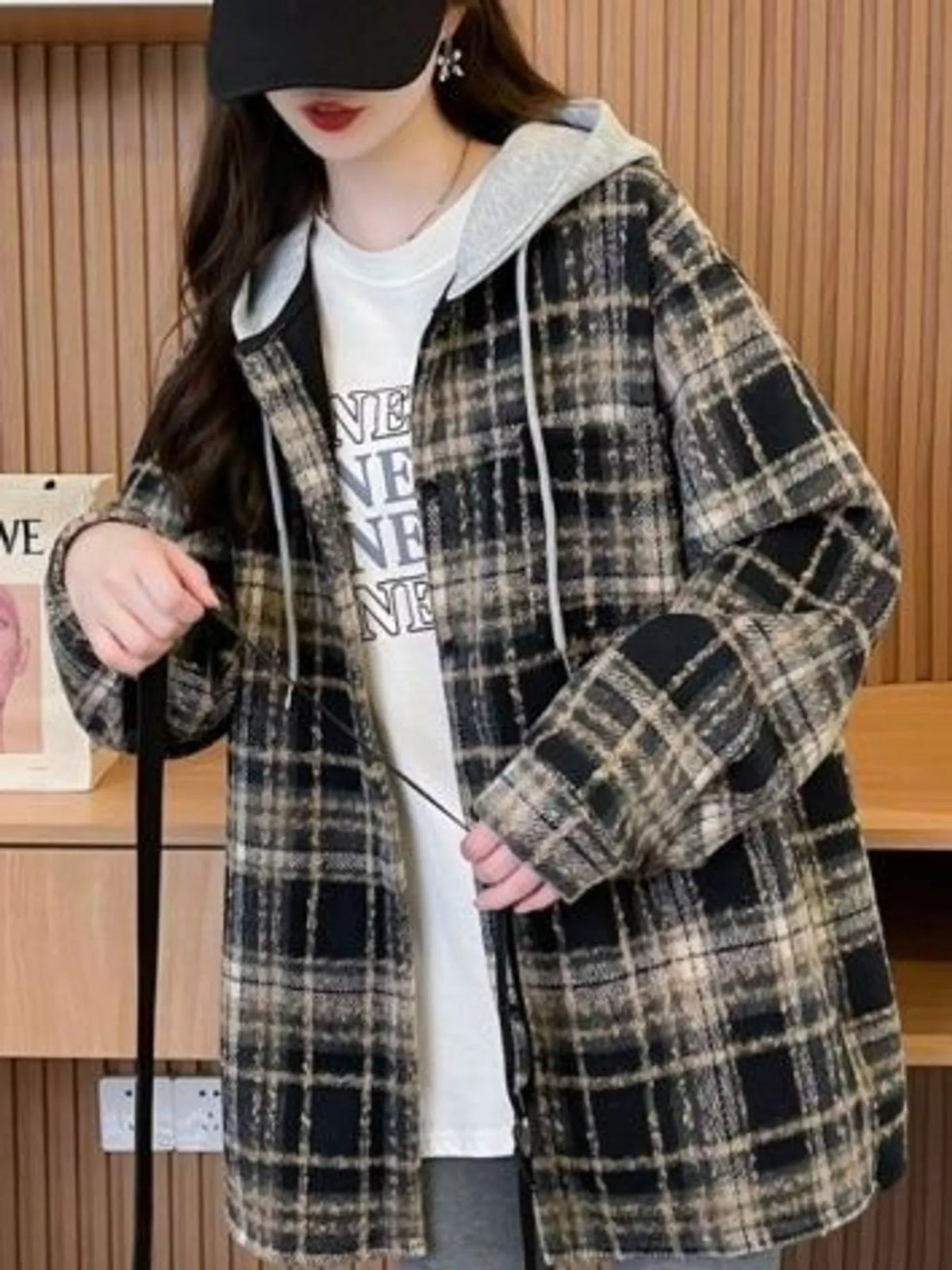 Black plaid button-up hooded shacket