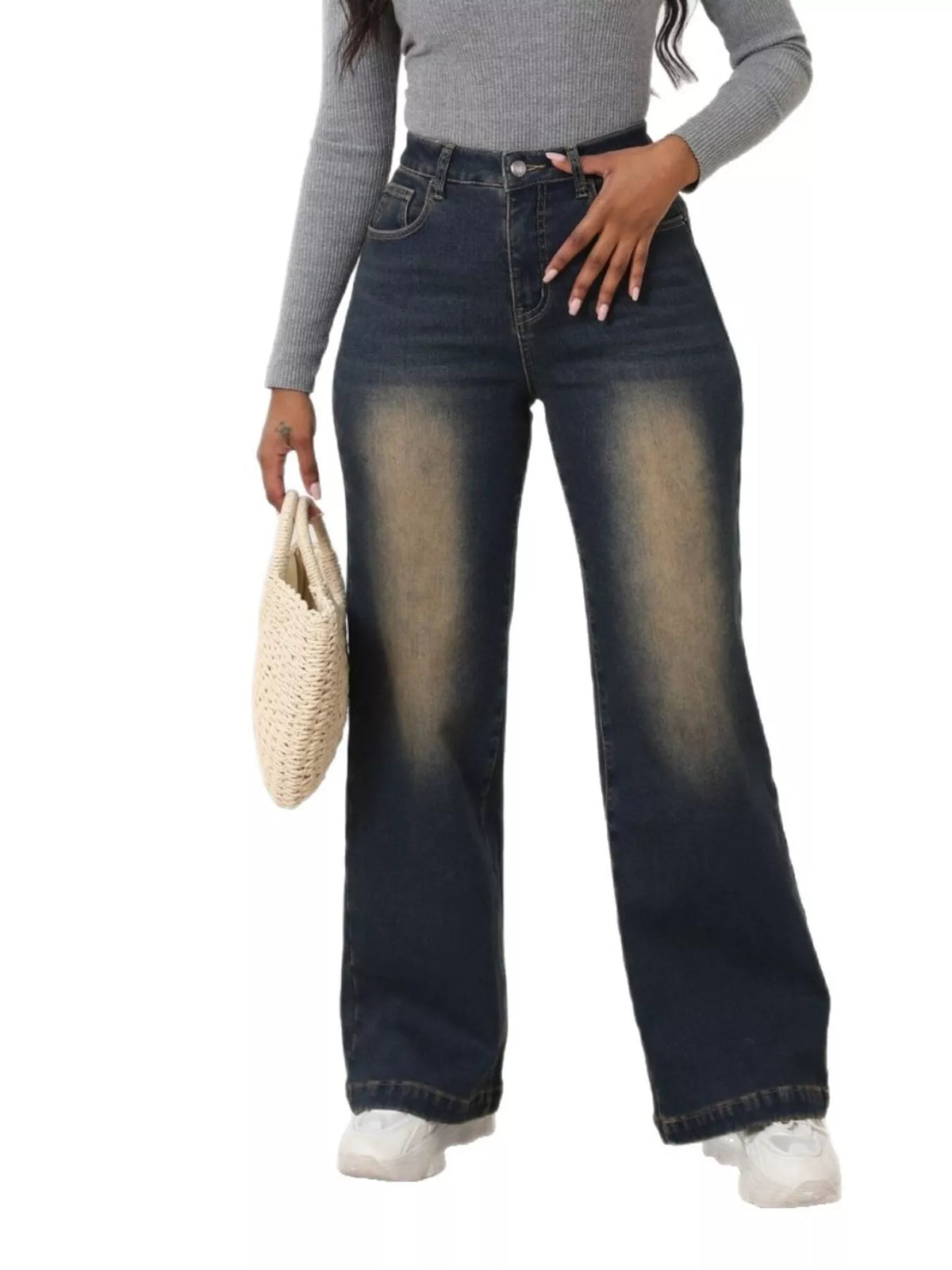 High-waisted washed wide-leg jeans
