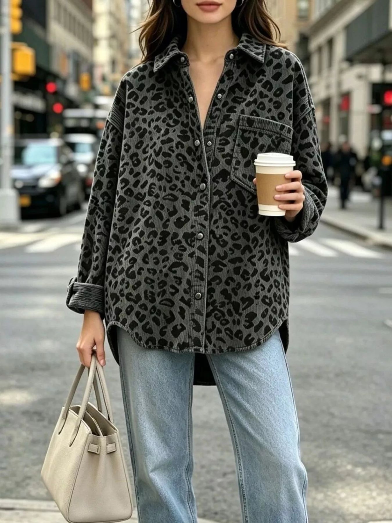 Trendsi Oversized Leopard Corduroy Button-Down Shirt -