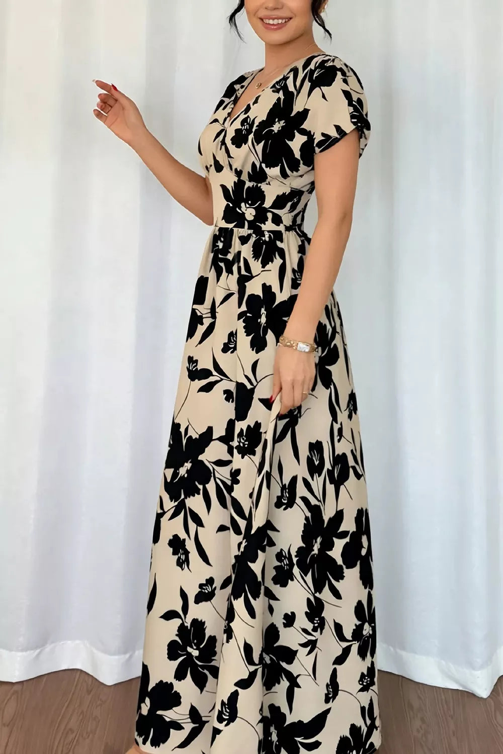 Trendsi Floral Print Short Sleeve A-Line Maxi Dress -