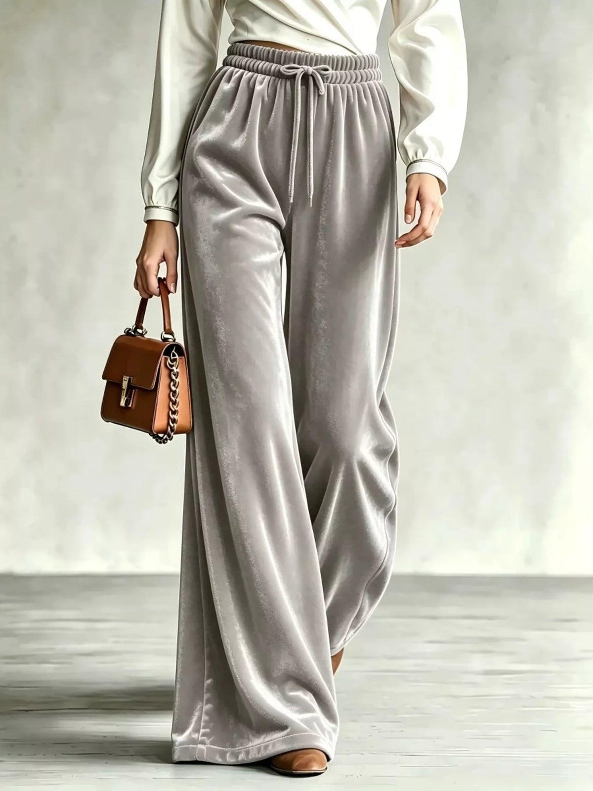 Gray wide-leg drawstring velvet pants, front view