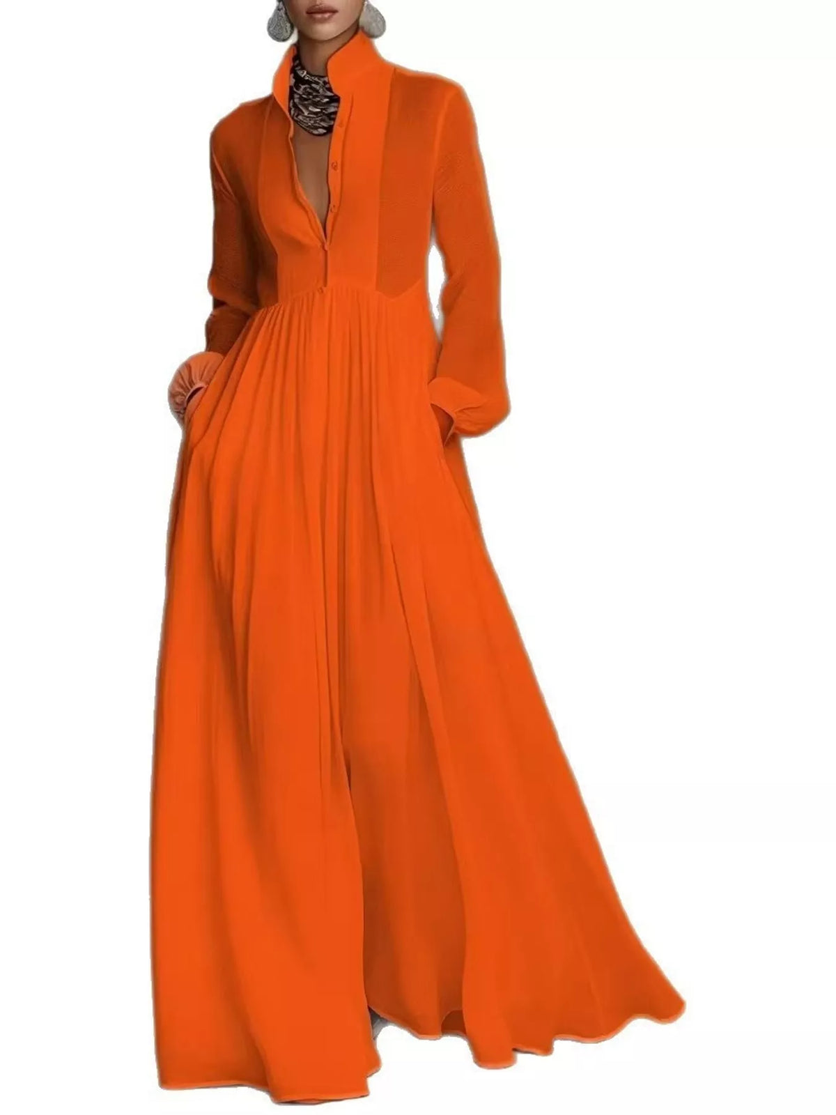 Orange long sleeve button-front maxi dress