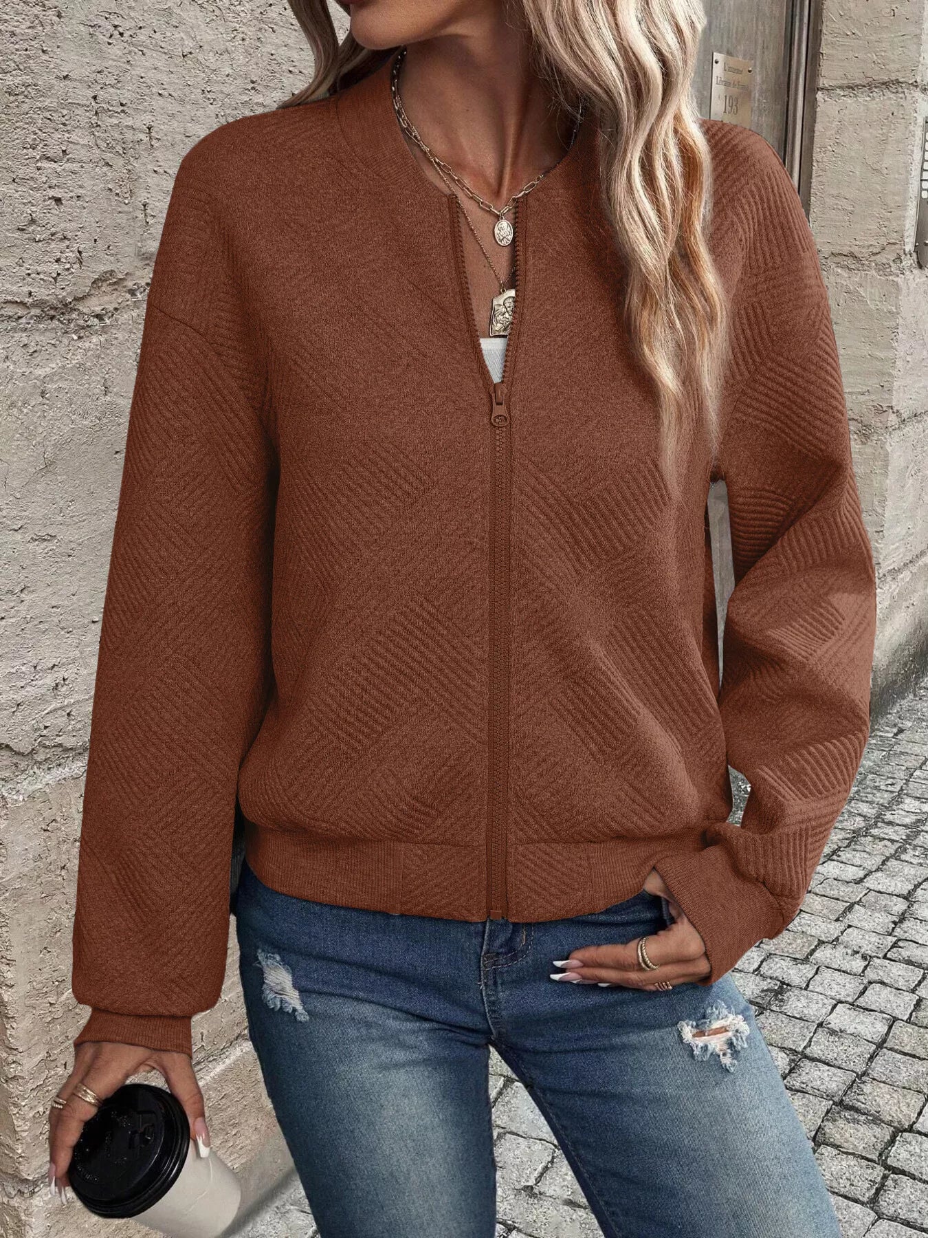 Trendsi Textured Knit Zip-Up Jacket -