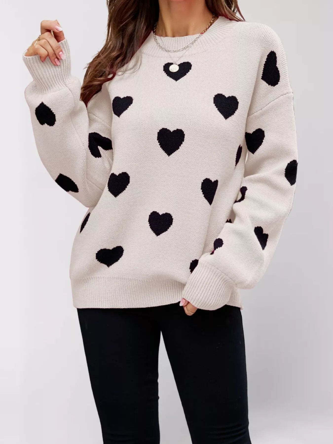 Trendsi Heart-Patterned Dropped Shoulder Sweater -