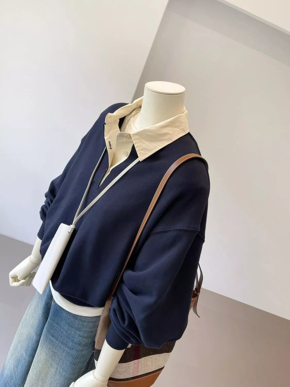 Navy polo-collar layered-look sweatshirt