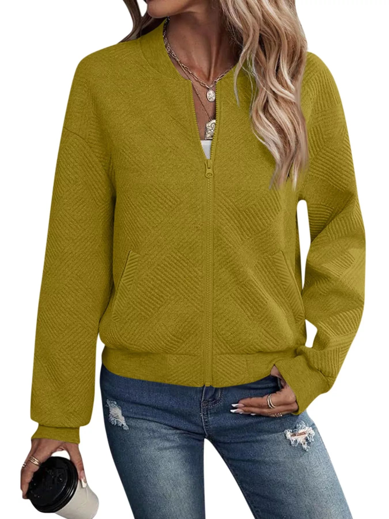 Trendsi Textured Knit Zip-Up Bomber Jacket -