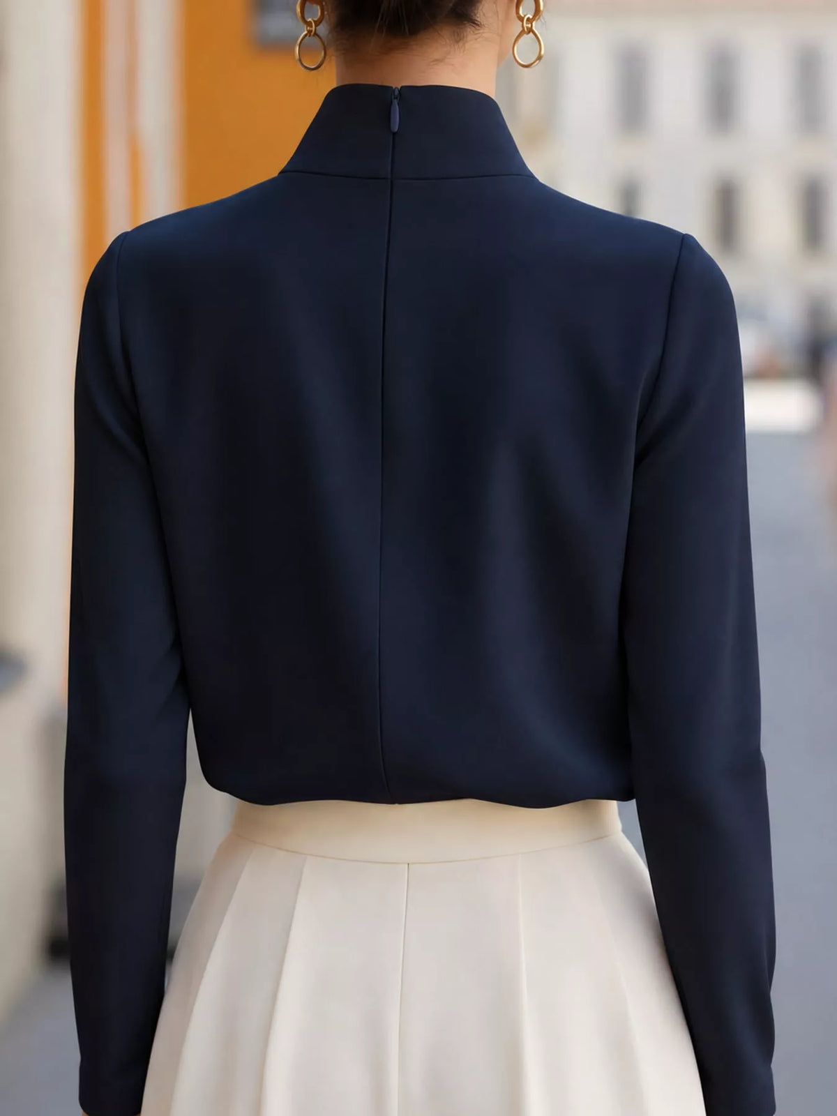 Mandarin neck long sleeve blouse, back view