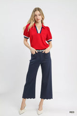 Trendsi Umgee Puff Sleeve Zip Front Top with Contrast Striped Trim -