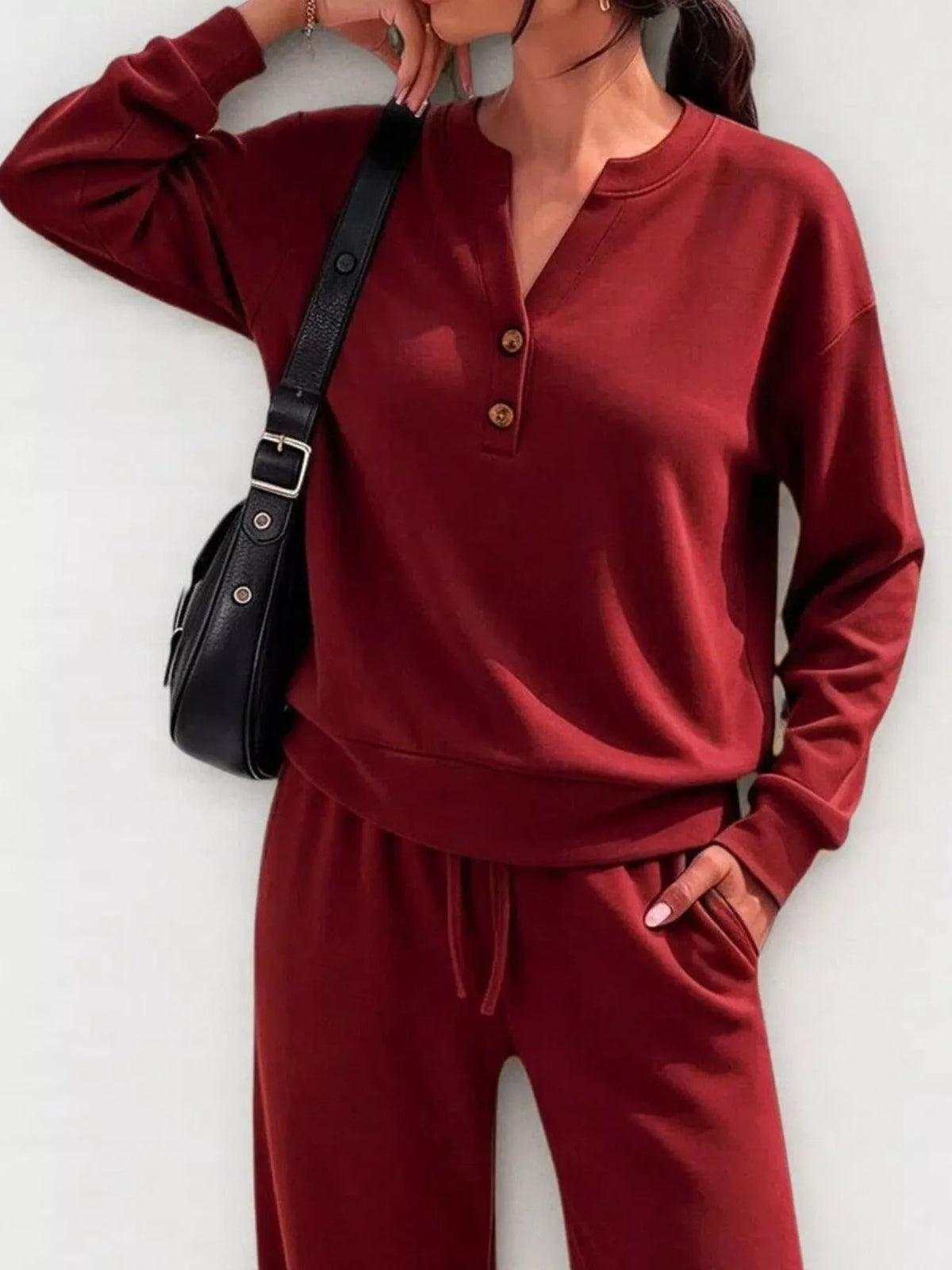Button-detail dropped-shoulder top and pants set
