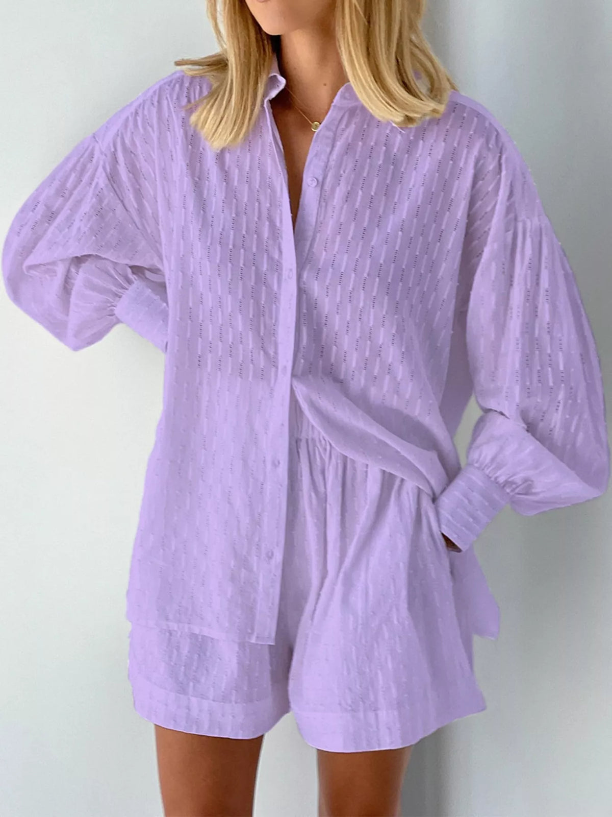 Women's Textured Button-Down Shirt and Shorts Set in lavender — front view