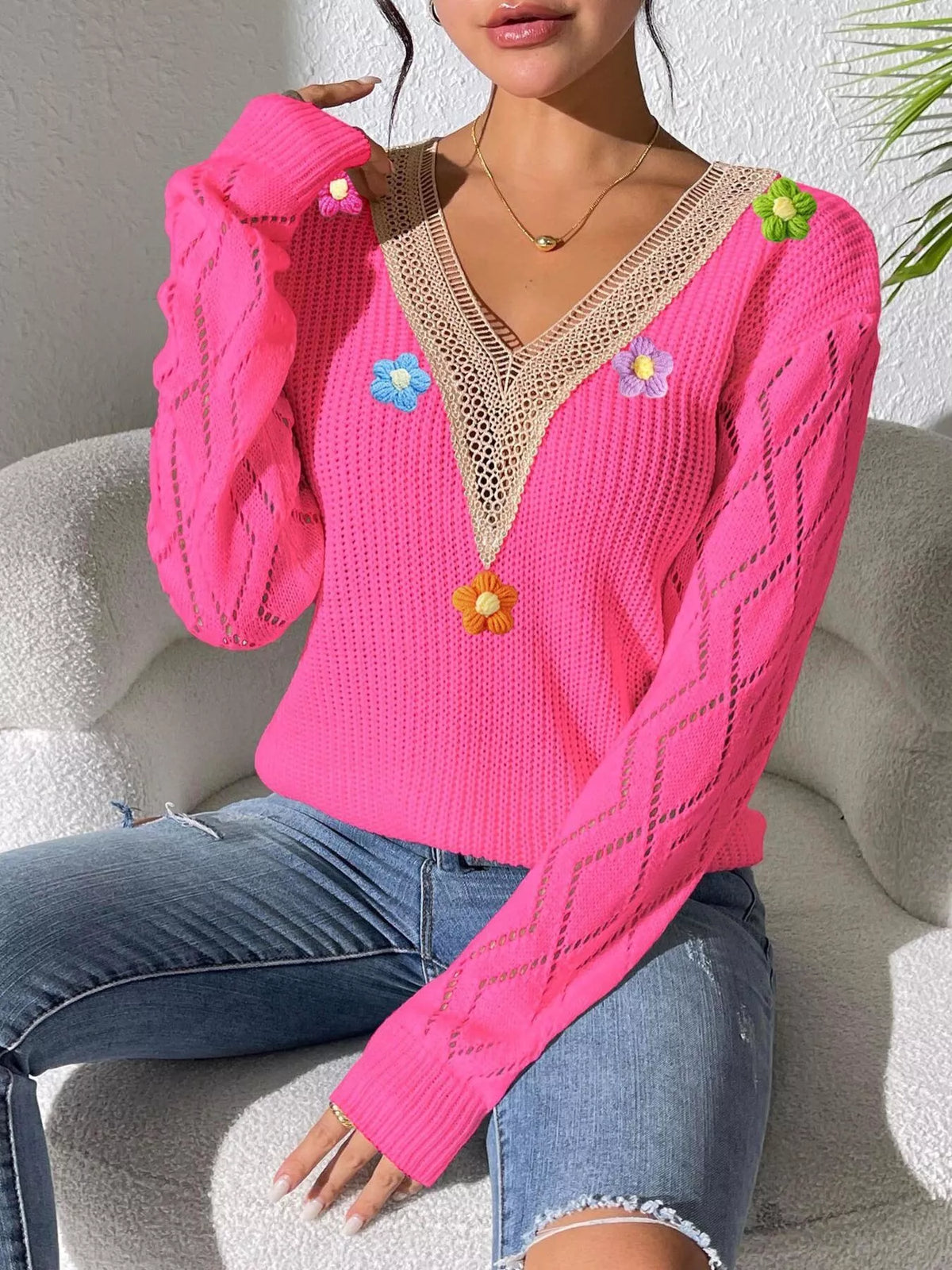 Rose Red Floral Applique V-Neck Openwork Sweater seated view