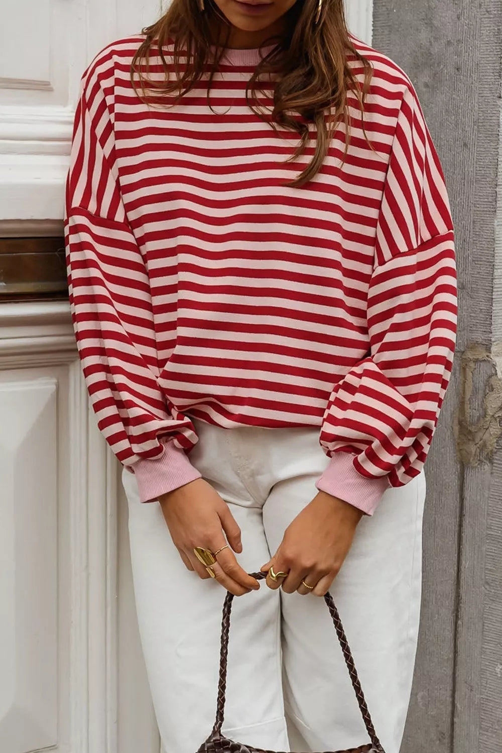 Trendsi Cutout Back Striped Round Neck Sweatshirt -