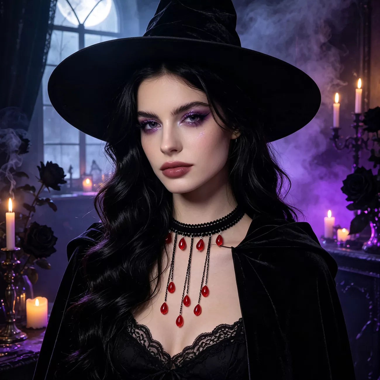 Trendsi Gothic Lace Choker Necklace with Teardrop Dangle Charms -