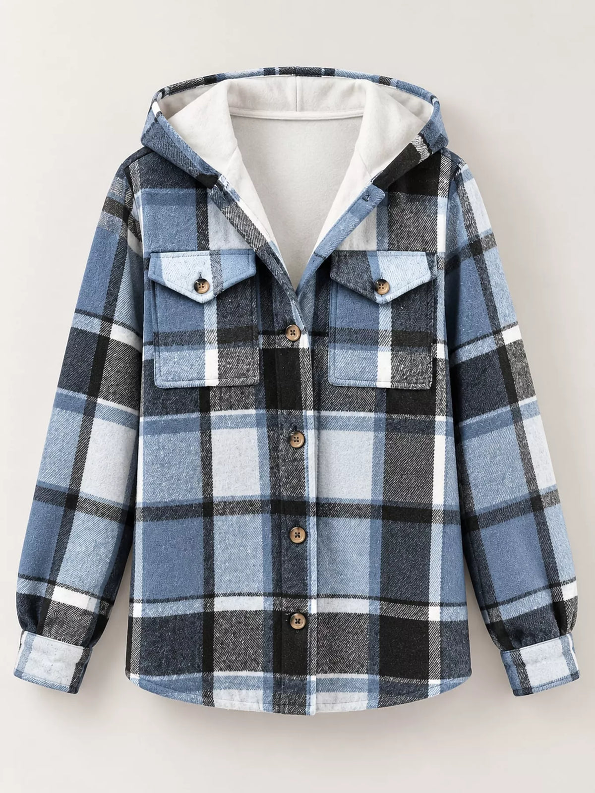Blue fleece-lined plaid button-up shacket