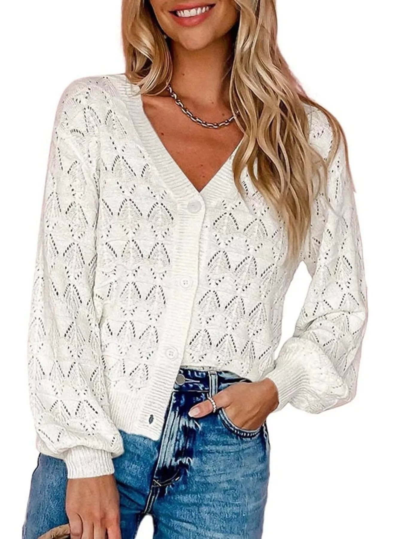 Trendsi Chic V-Neck Openwork Button-Down Knit Cardigan -