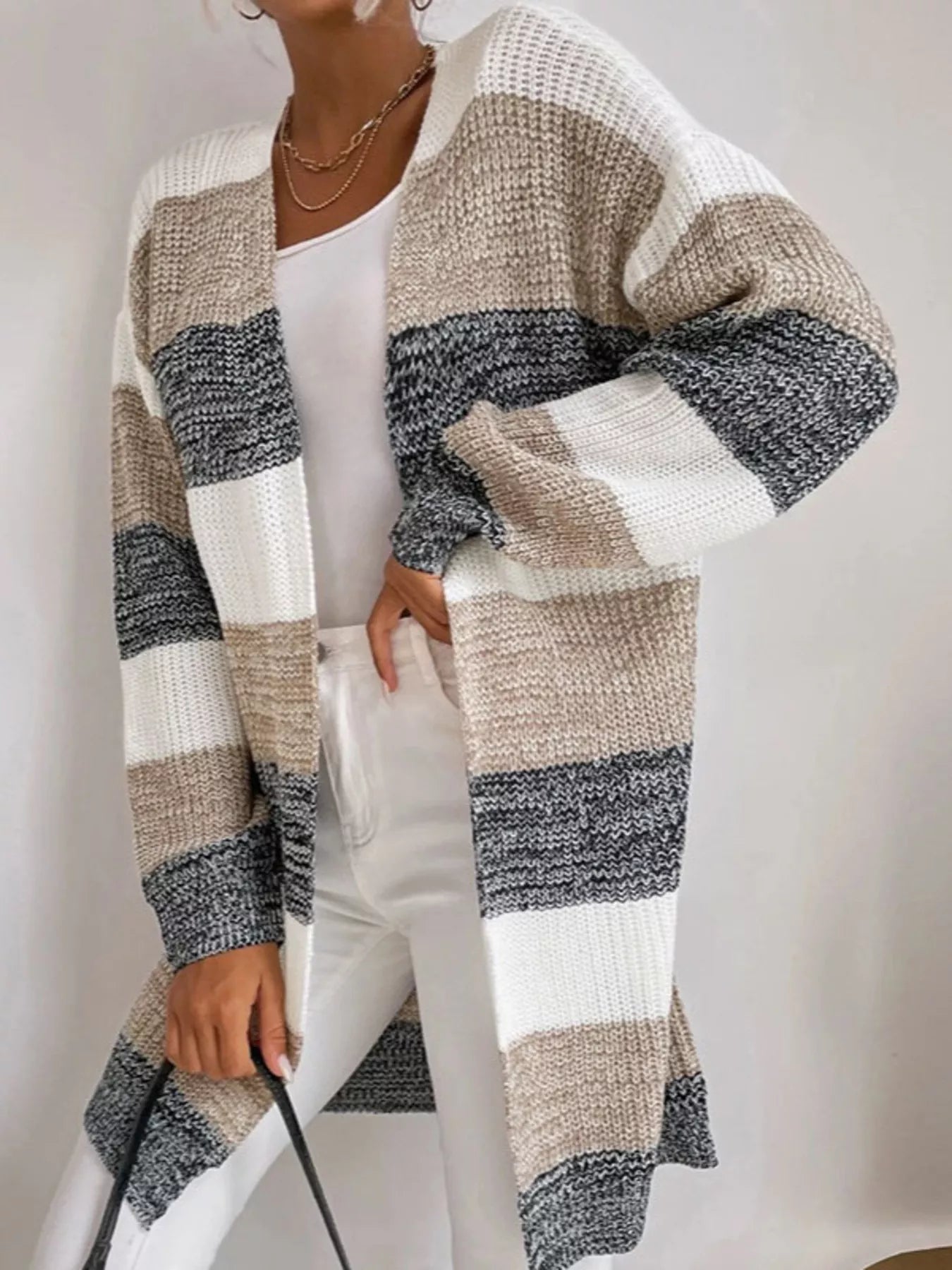Trendsi Color Block Striped Open Front Longline Cardigan -