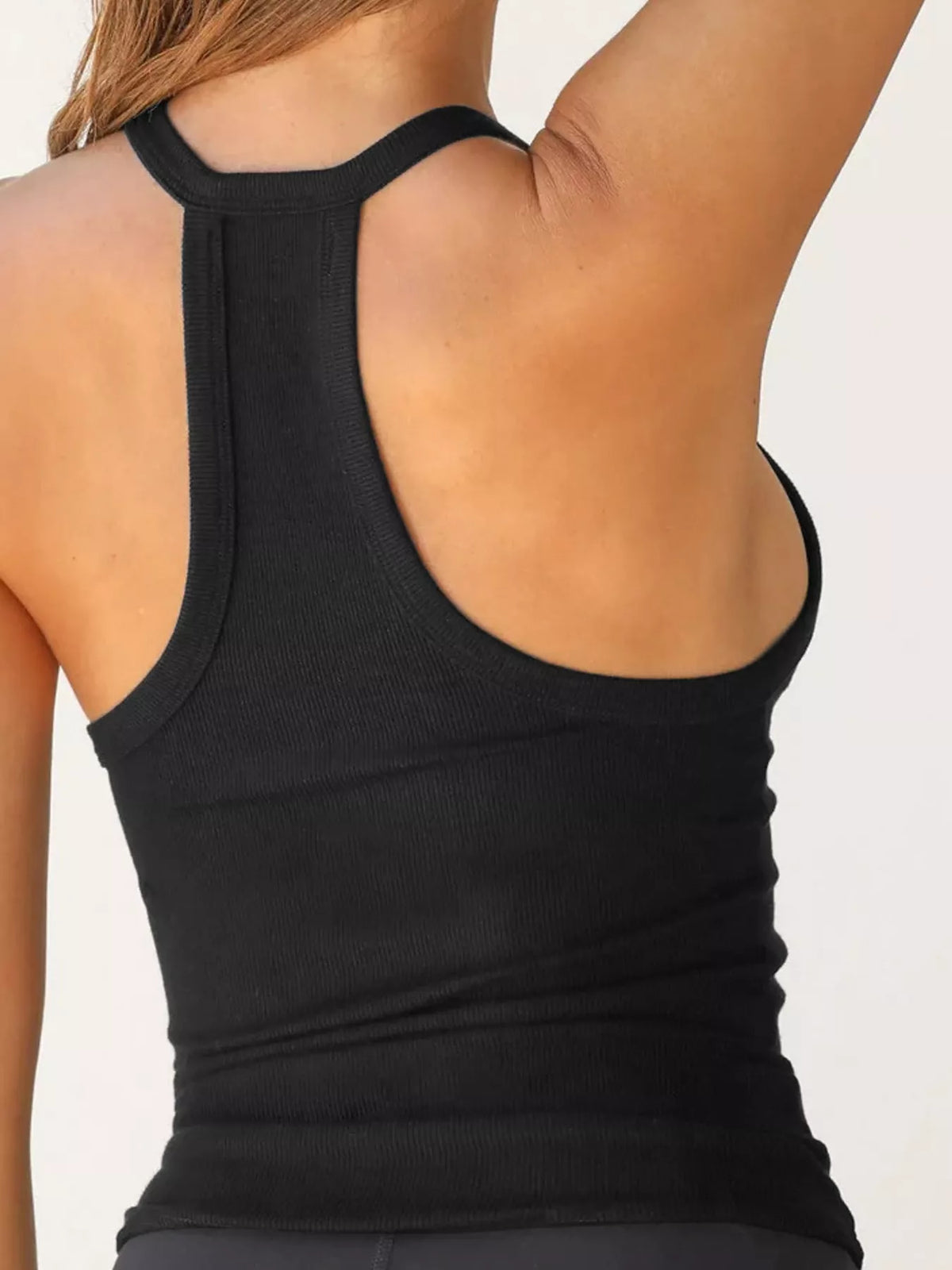 Black ribbed scoop neck tank, back view