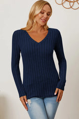 Trendsi Basic Bae Full Size Ribbed V-Neck Long Sleeve T-Shirt - Shirts