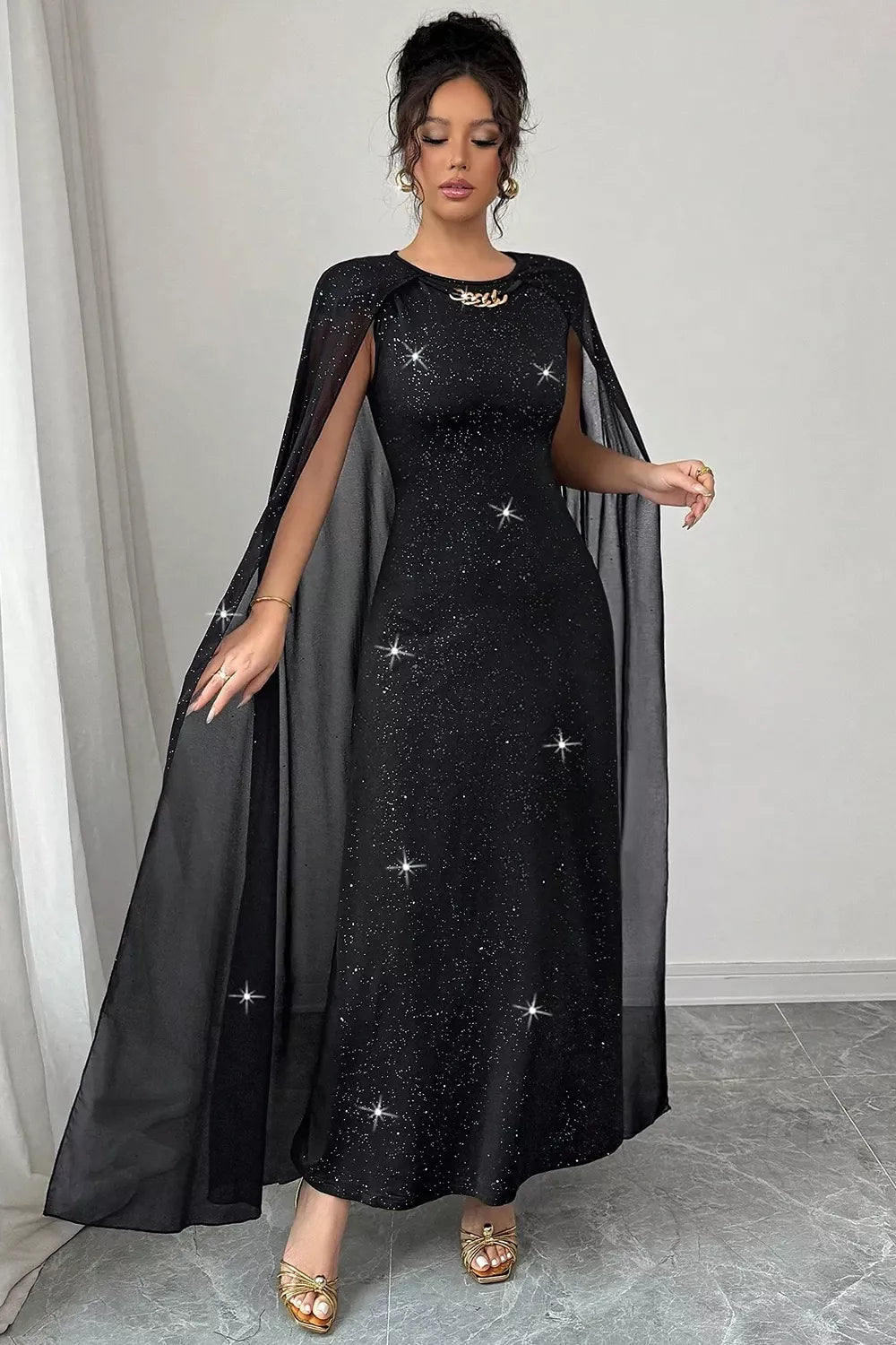 Trendsi Glitter Cape-Sleeve Maxi Dress -