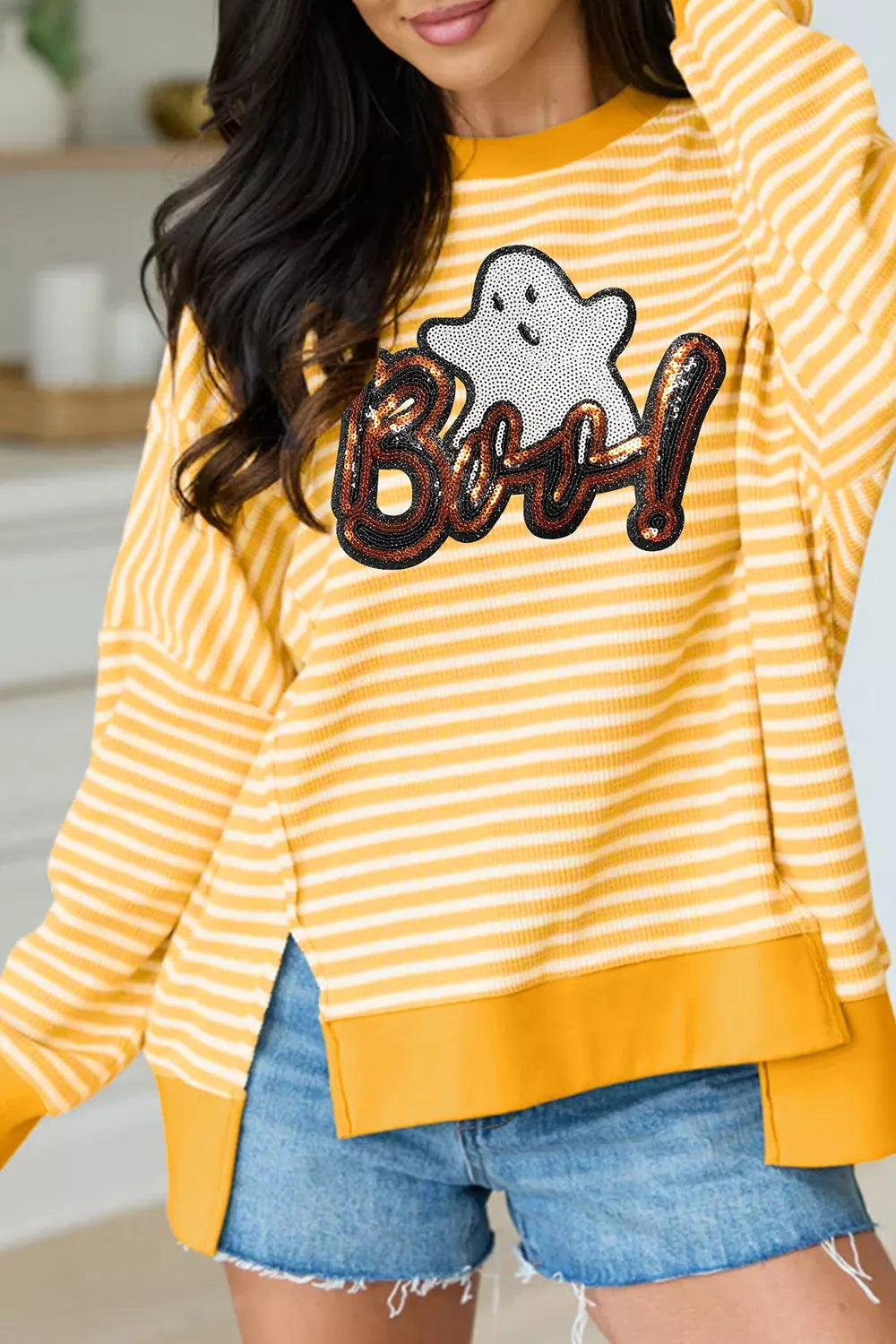 Women's striped Boo sequin ghost Halloween long sleeve top