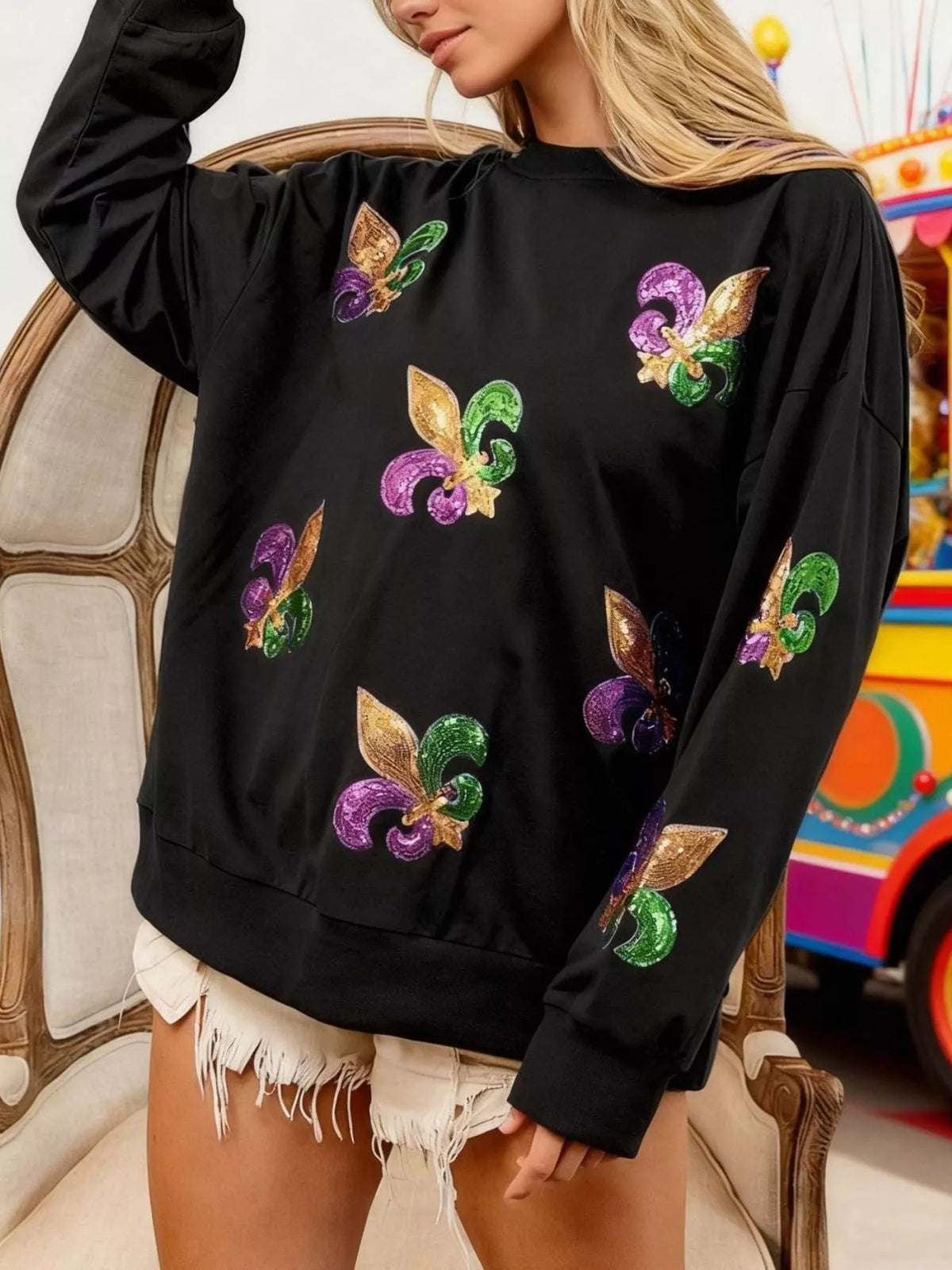 Trendsi Mardi Gras Sequin Crew Neck Sweatshirt -