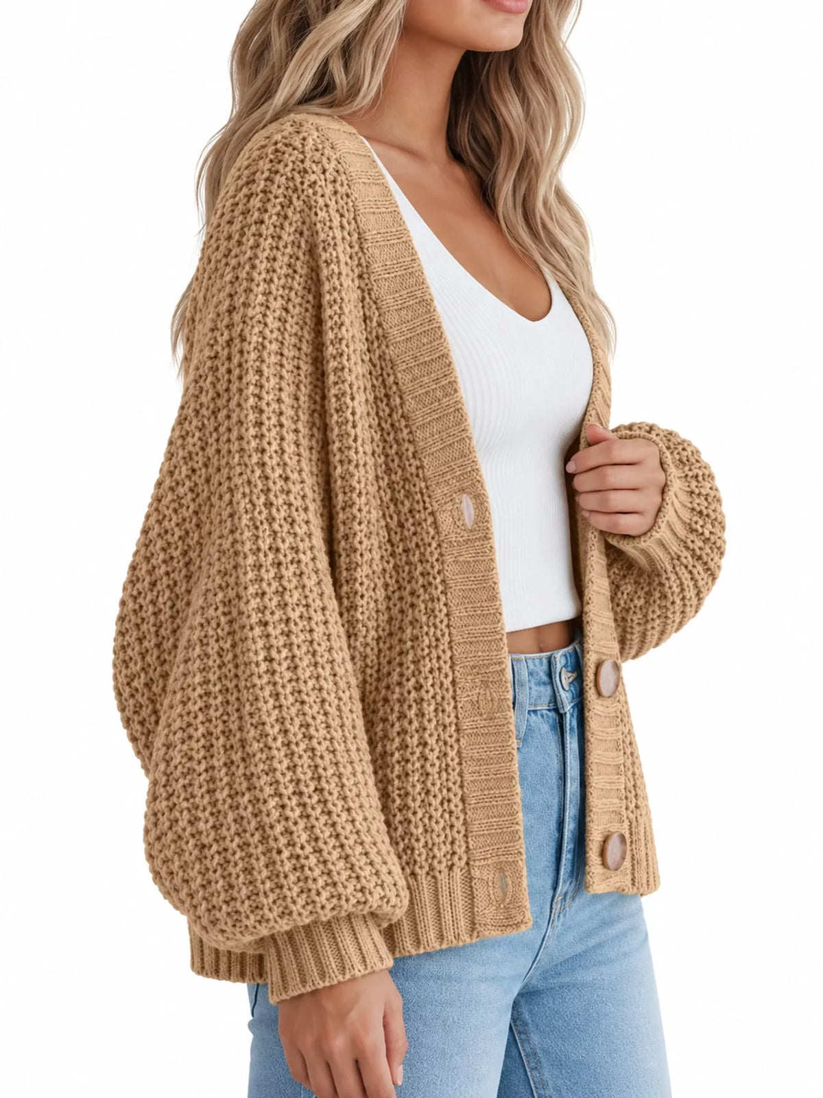 Button cardigan, tan side