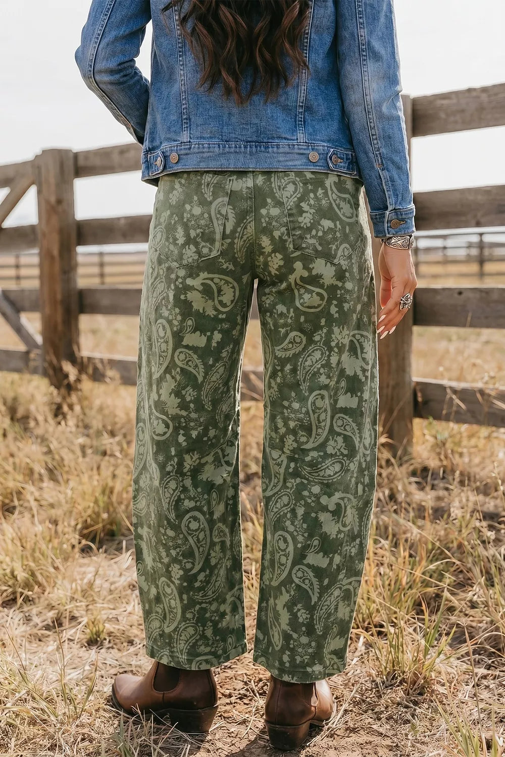 Green paisley print harem denim pants, back view