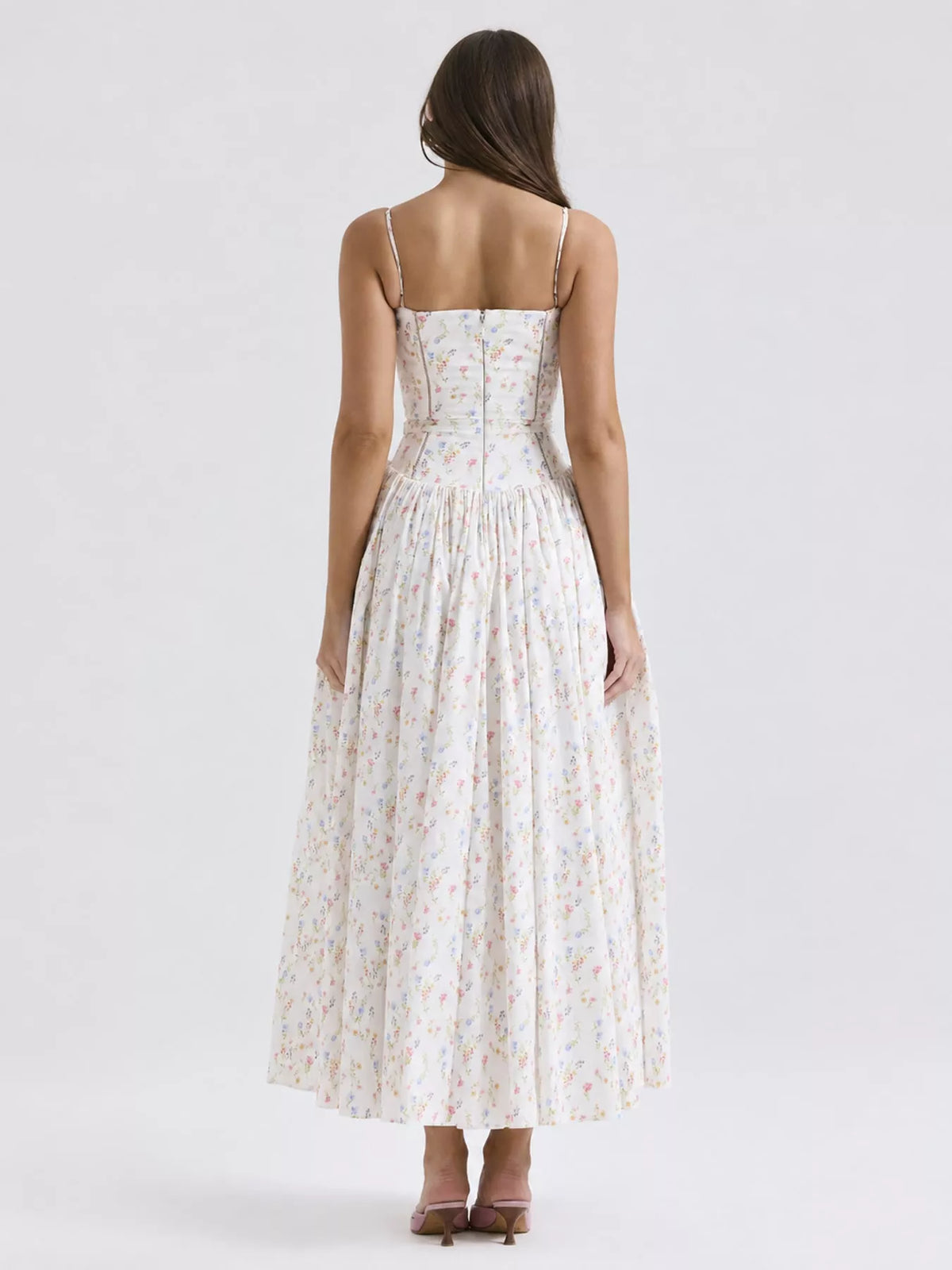 Women's Paneled Bodice Gathered Midi Dress in small floral — back view