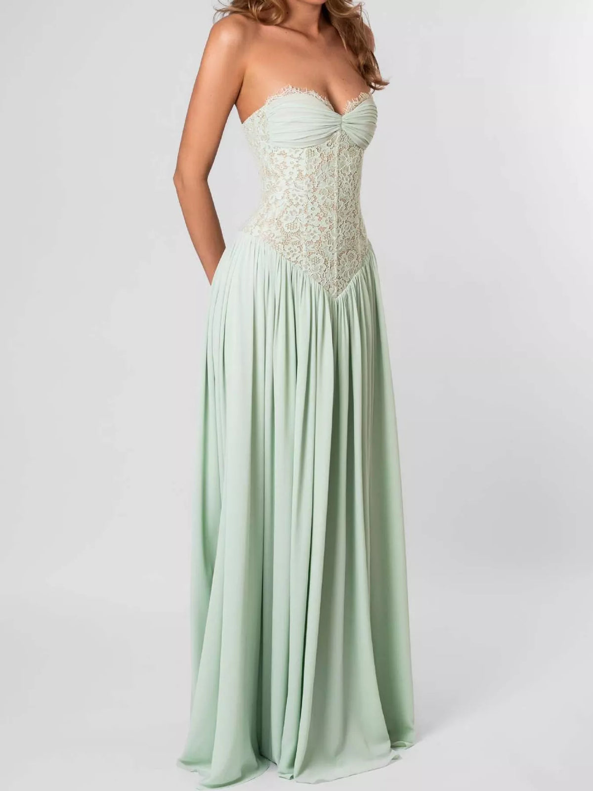 Mint green lace corset halter neck maxi dress — front view