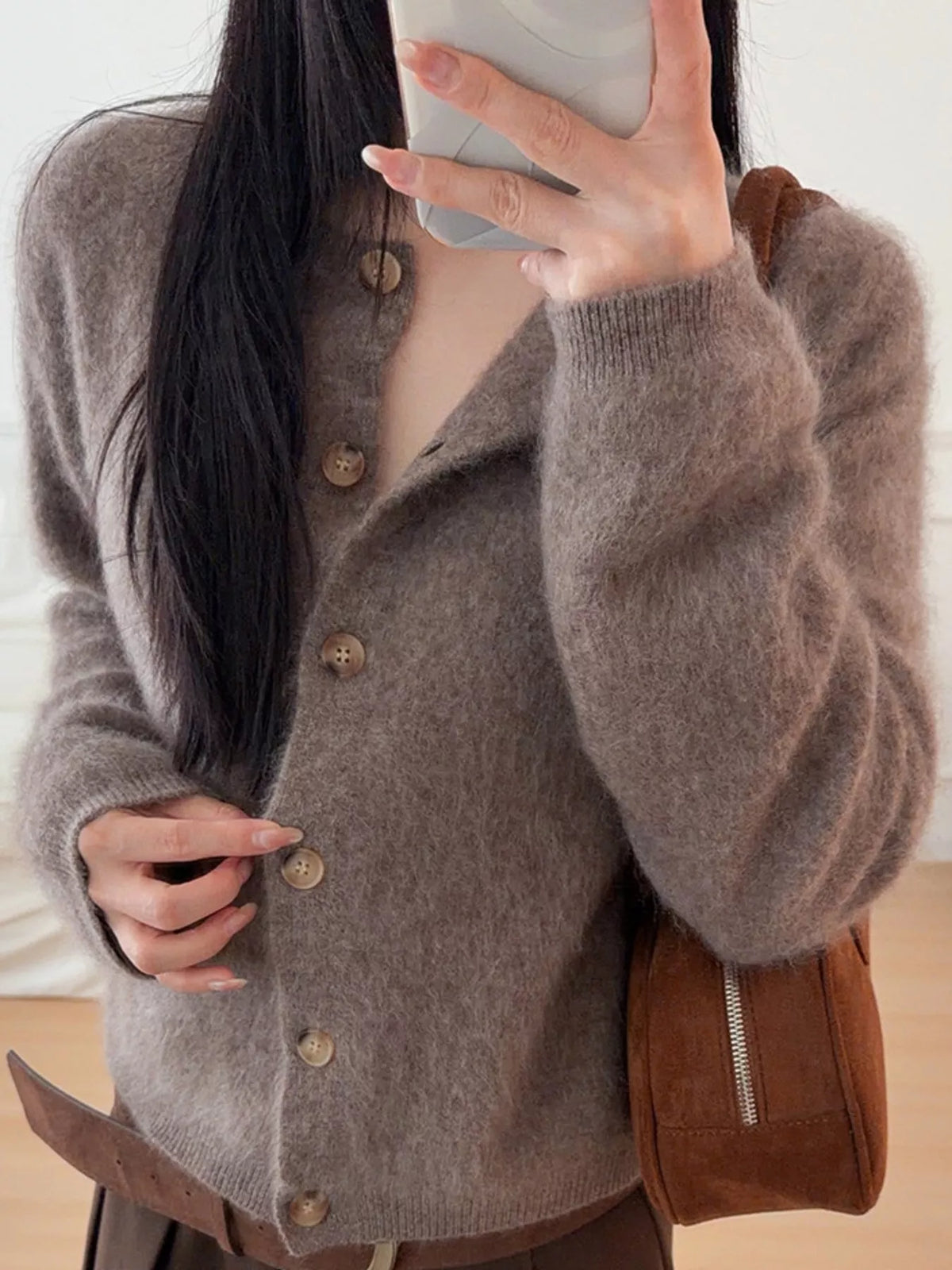 Coffee fuzzy button up cropped cardigan