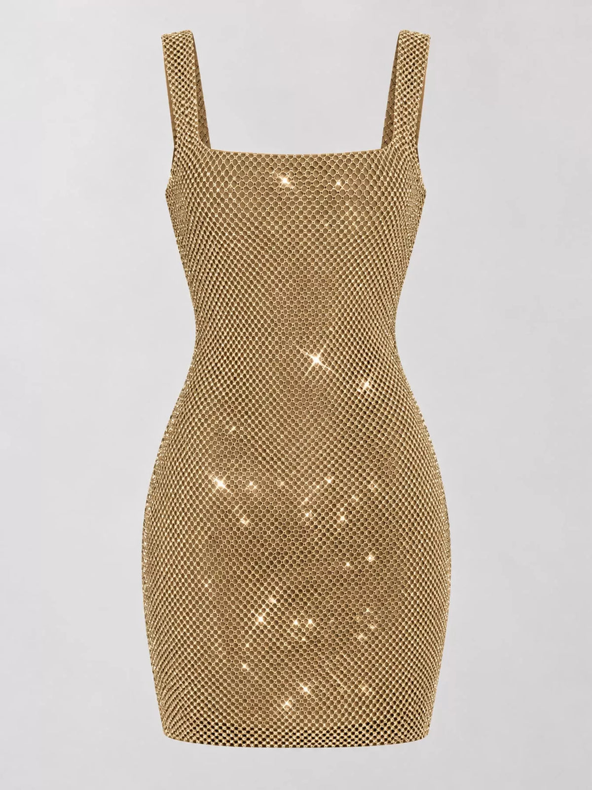 Women's Backless Rhinestone Embellished Bodycon Mini Dress in gold — flat lay view
