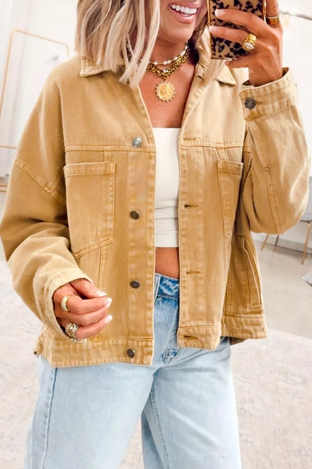 Trendsi Metal Button Front Long Sleeve Collar Denim Jacket -