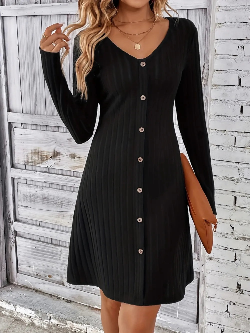 Trendsi V-Neck Long Sleeve Mini Dress -