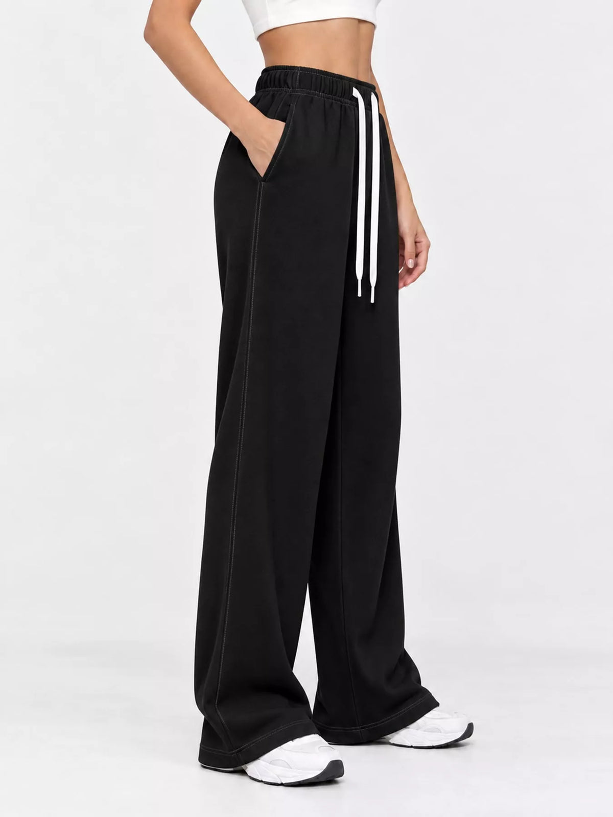 Black wide-leg pants with drawstring