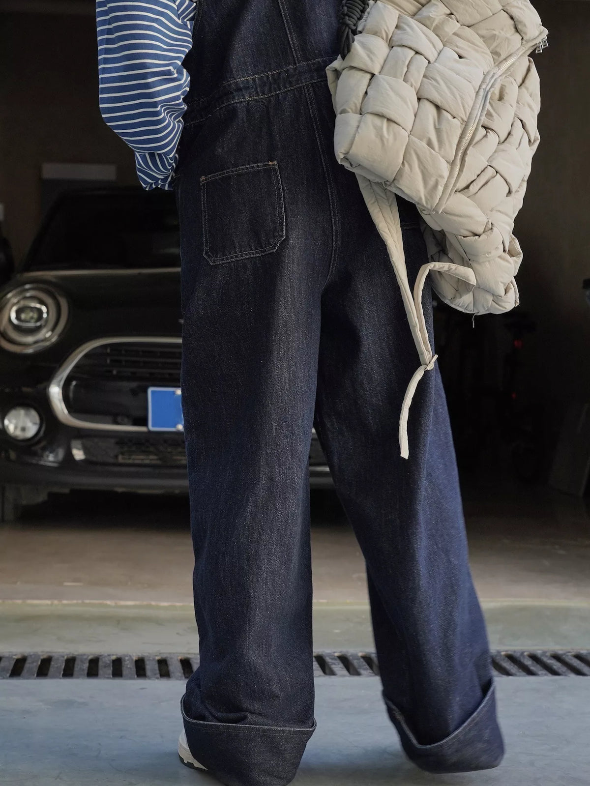Women's Vintage Dark Wash Wide-Leg Denim Overalls in dark blue — back view