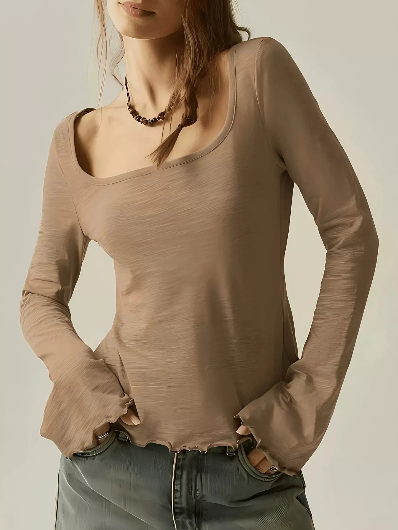 Women's long sleeve square neck slim-fit T-shirt