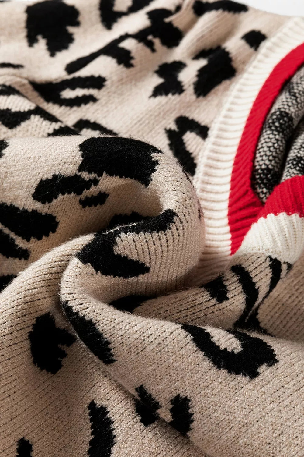 Trendsi Leopard Pattern V-Neck Contrast Rib Knitted Sweater -