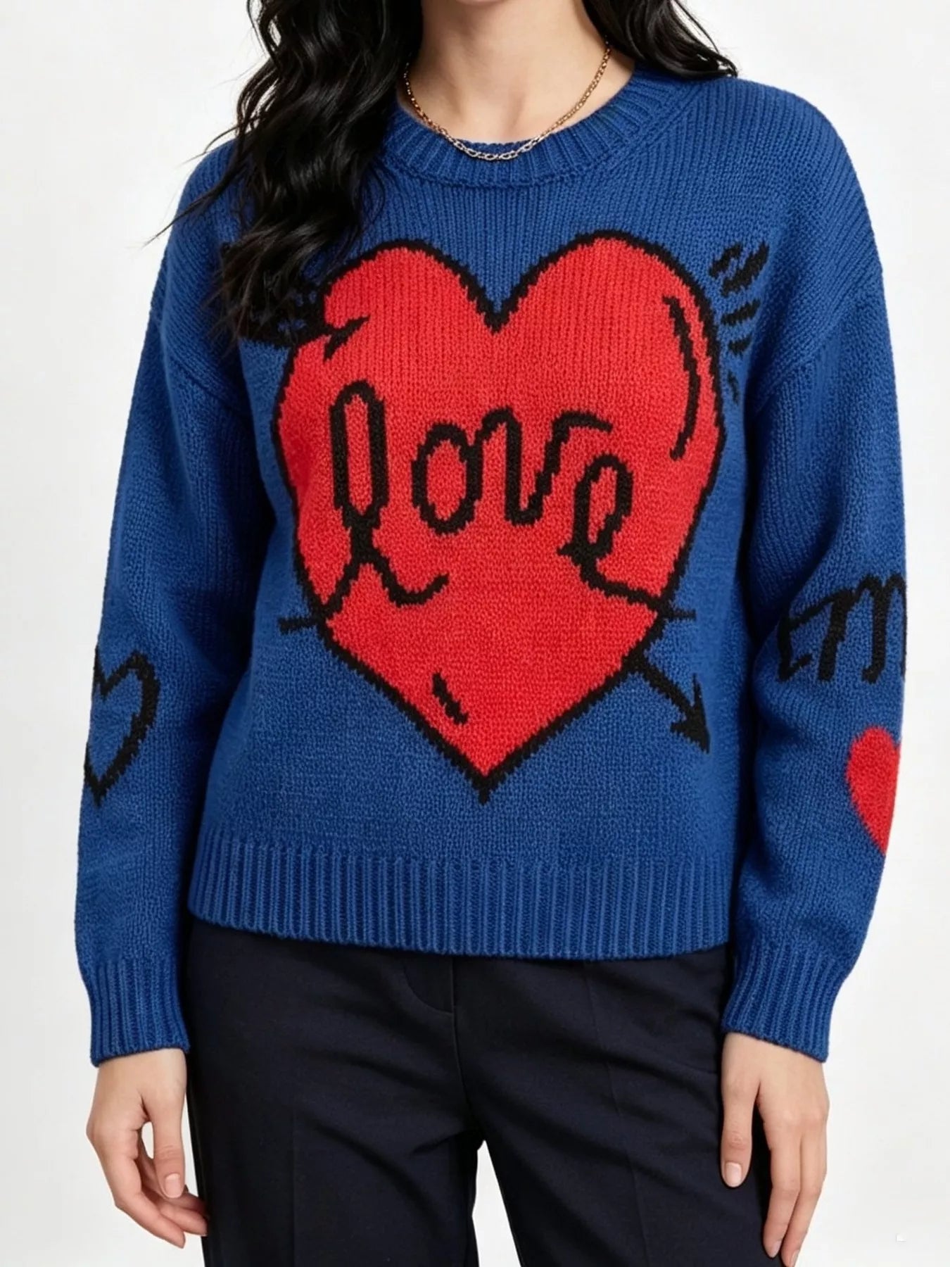 Trendsi Heart Round Neck Ribbed Sweater -