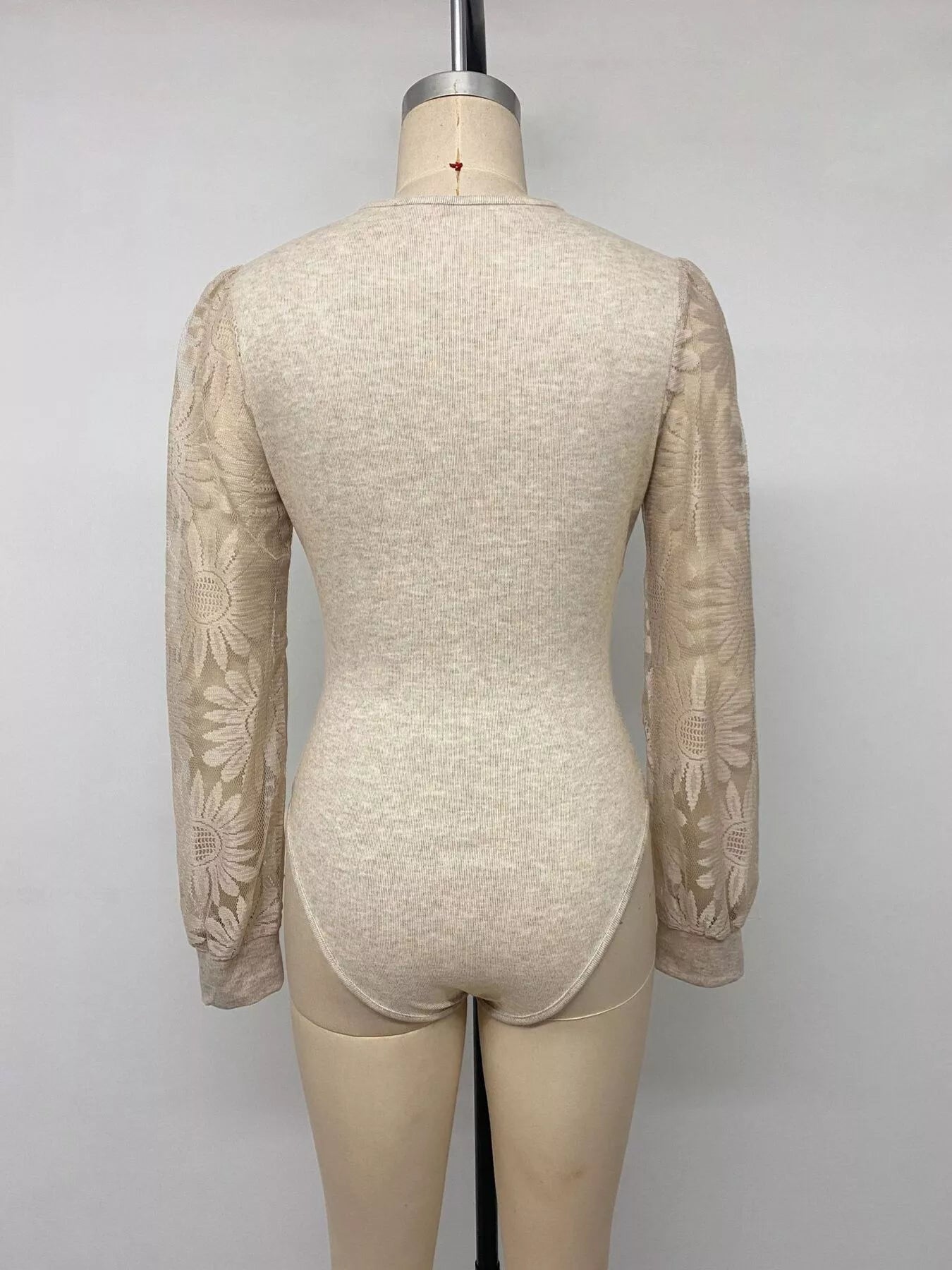 Trendsi V-Neck Lace Trim Floral Mesh Sleeve Bodysuit -